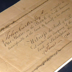 Earliest known American stock certificate made to John Carter, 1783.
