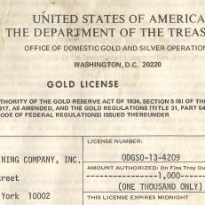 Rare US Treasury Department gold license, courtesy of Alan Kaye