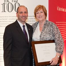 David Cowen and Federal Reserve Bank of New York archivist Rosemary Lazenby at the opening of "The Fed at 100" exhibit
