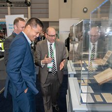 David Cowen speaks to attendees at the Schwab IMPACT 2018 conference, where the Museum showed its "Out of the Vault" exhibit