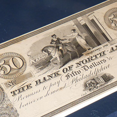 Richly symbolic Bank of North America $50 bearer demand note.