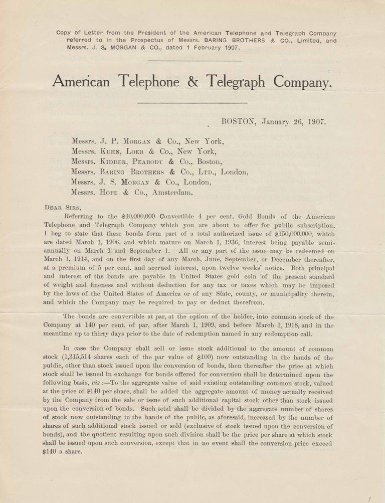 American Telephone & Telegraph Company prospectus, 1907. Credit The Baring Archive Museum of