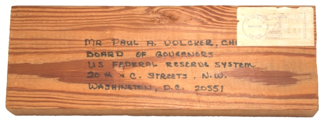 2 x 4 Wood Mailed in Protest to Paul Volcker