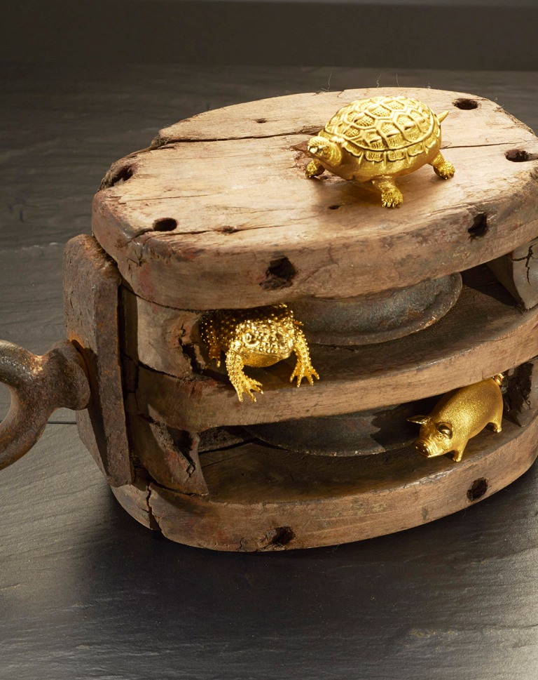 Decorative gold objects, courtesy of the Degussa Collection Museum of