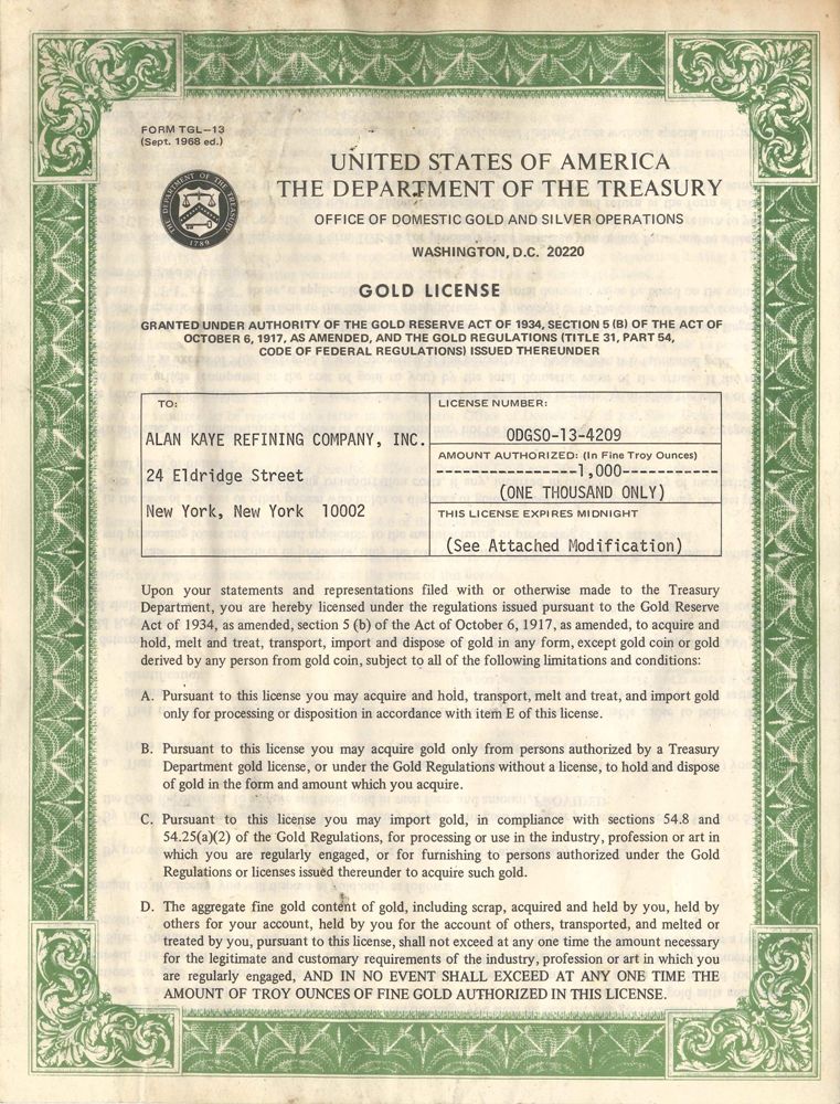 Rare US Treasury Department gold license, courtesy of Alan Kaye