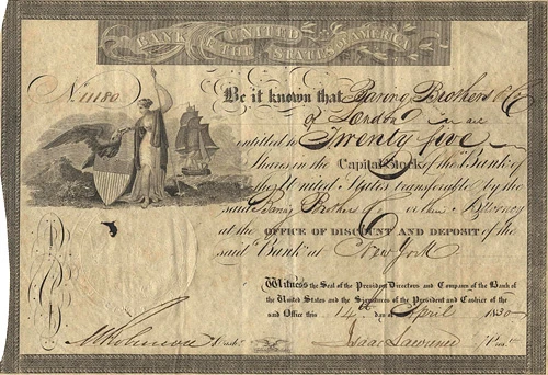 Certificate for shares in the Second Bank of the US owned by Baring Brothers of London, April 1830.