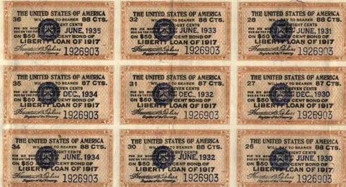 Bond coupons from World War I. Courtesy of the Schuffman Family.