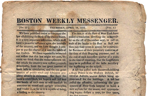 Second Bank of the United States editorial published in the Boston Weekly Messenger, April 18, 1816.
