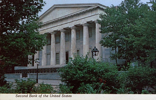 Postcard of the Second Bank of the United States building.