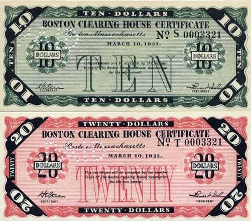 $10 and $20 Boston Clearing House certificates.