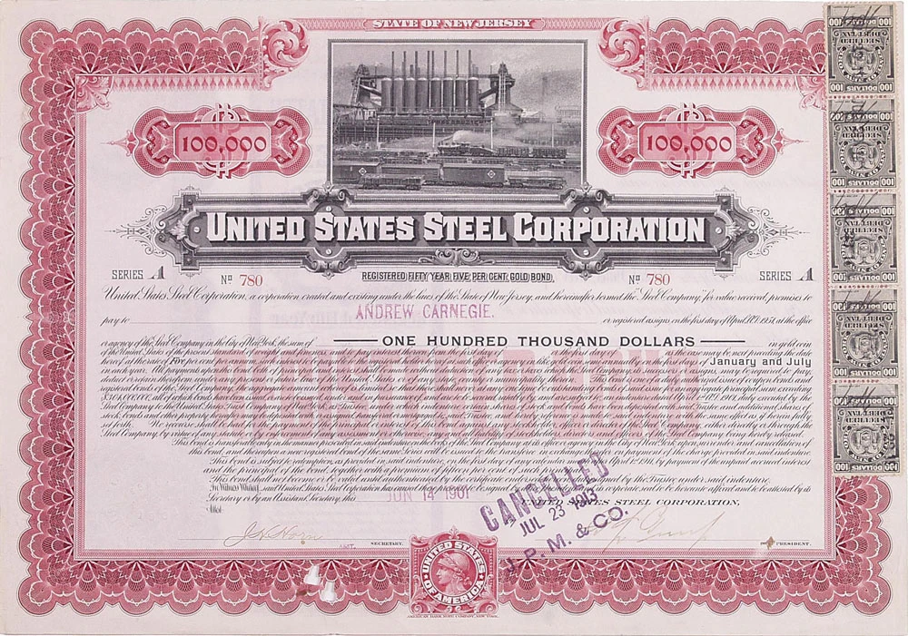 $100,000 bond issued to Andrew Carnegie in 1901 when US Steel was formed as one of J.P. Morgan's outstanding corporate deals.  Collection of the Museum of American Finance.