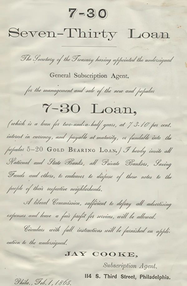 Bond circular advertising subscription and sale of Seven-Thirties, 1865.