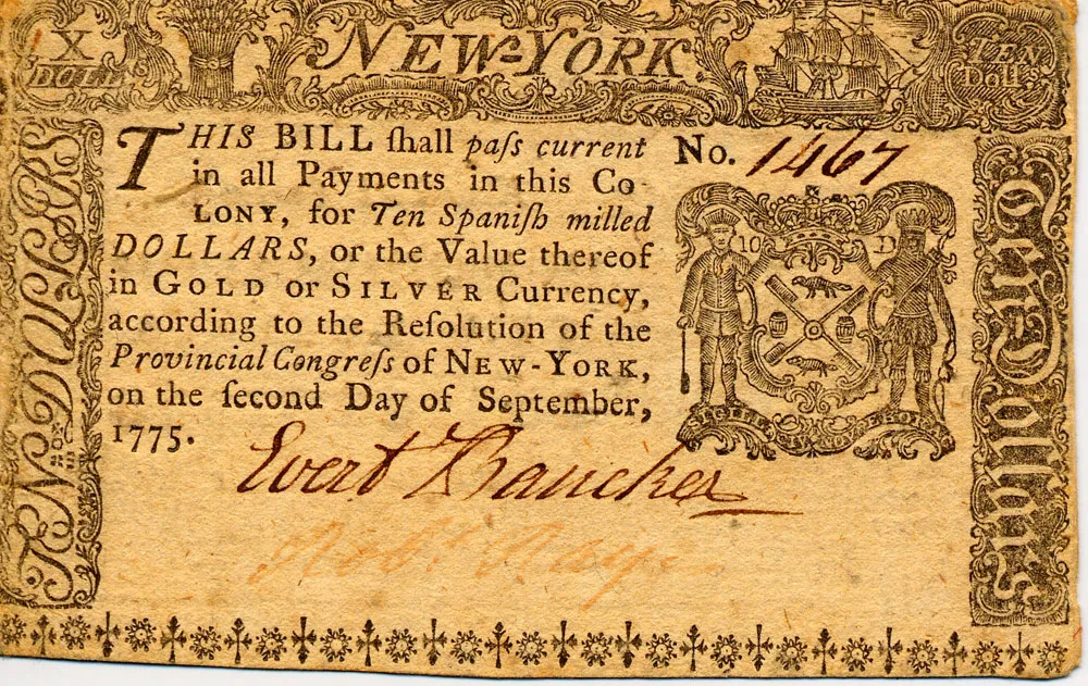 $10 colonial New York currency, dated September 2, 1775.