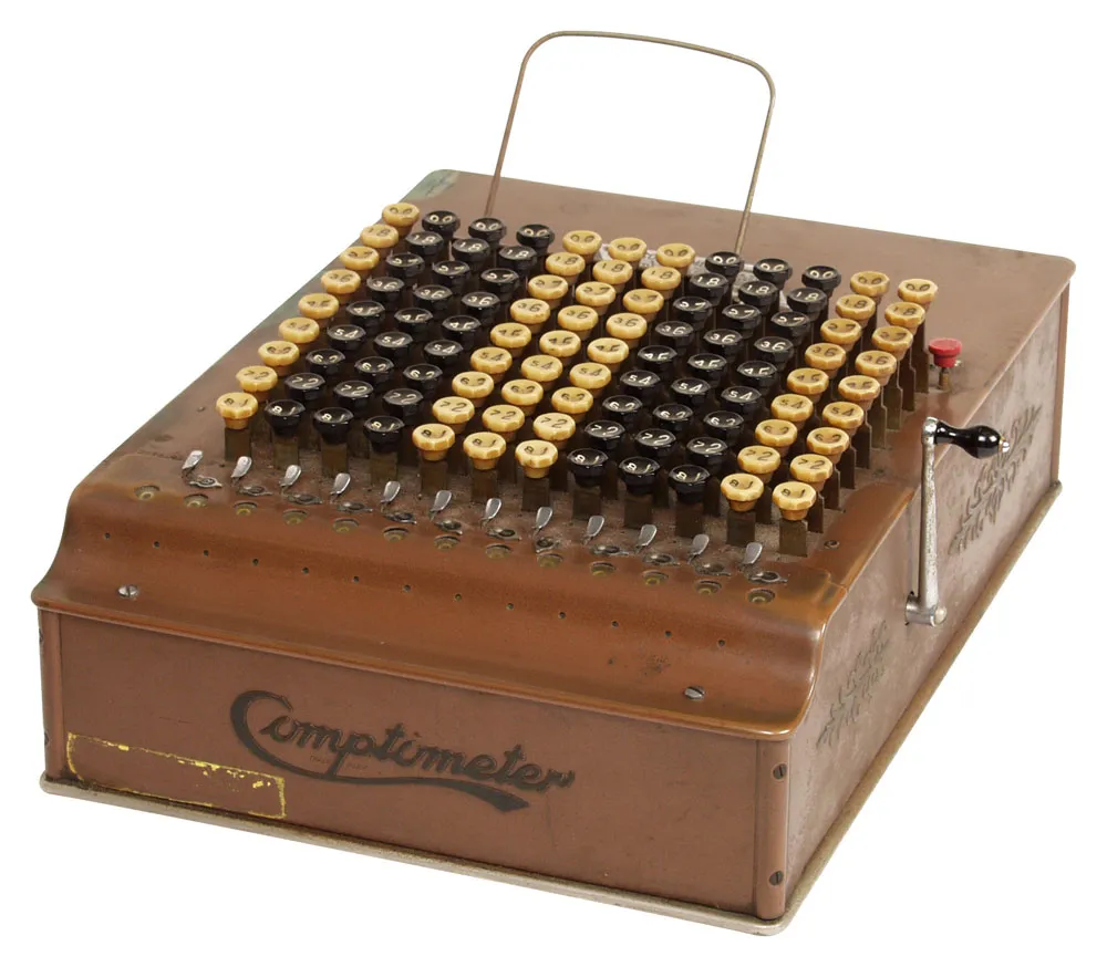 Comptometer, circa 1920.  The comptometer was an early mechanical calculator that primarily functioned as an adding machine and was used in business offices for nearly a century (1880s-1970s).
