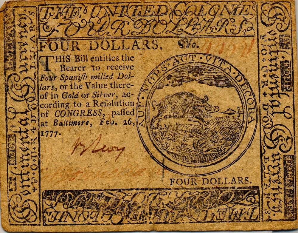 $4 continental currency, dated February 26, 1777.