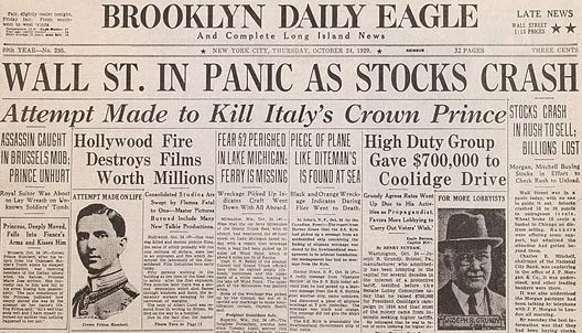 Crash of 29 paper: Black Thursday edition of the Brooklyn Daily Eagle with the headline, “Wall Street in Panic as Stocks Crash,” dated October 24, 1929.
