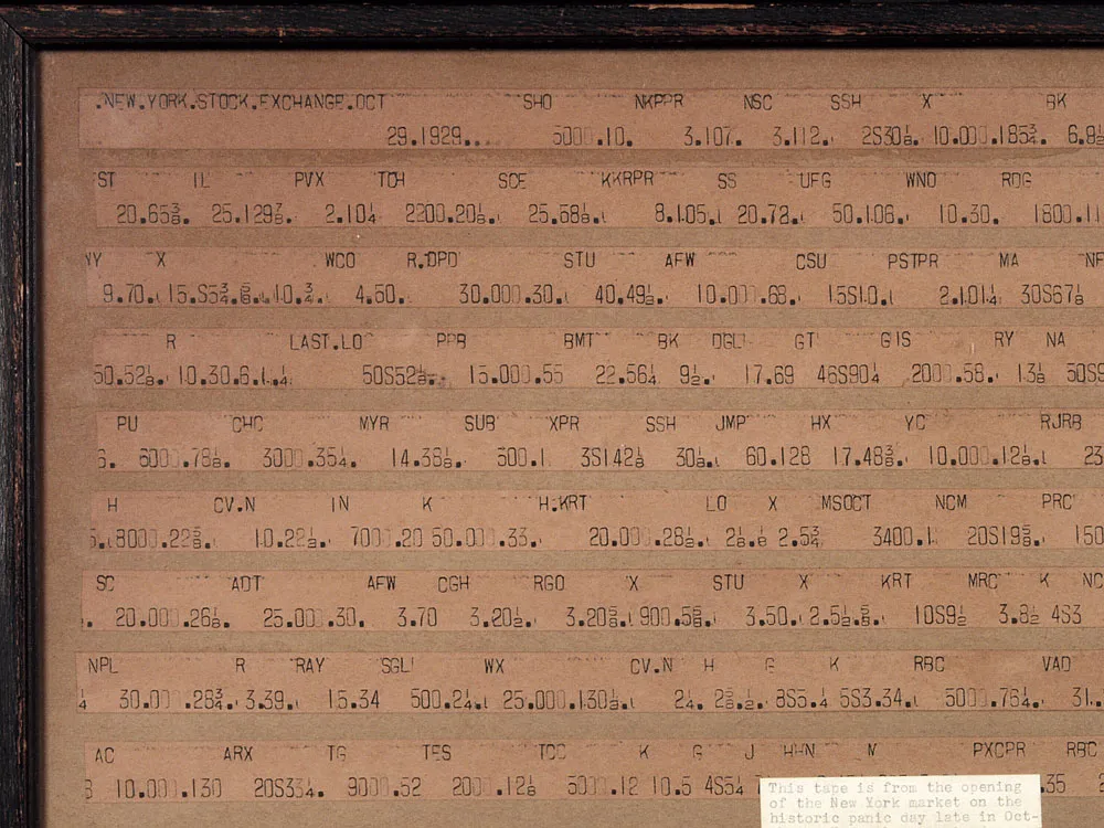 The Museum’s collection includes two examples of ticker tape from the Crash of 1929. This length of tape shows the NYSE opening prices on October 29, 1929 and approximately the first 45 minutes of trading.