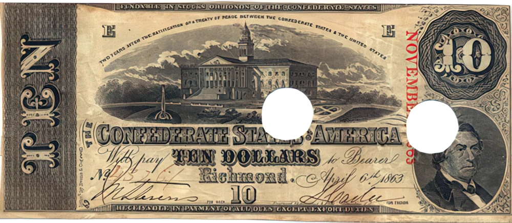$10 Confederate States of America note, 1863.