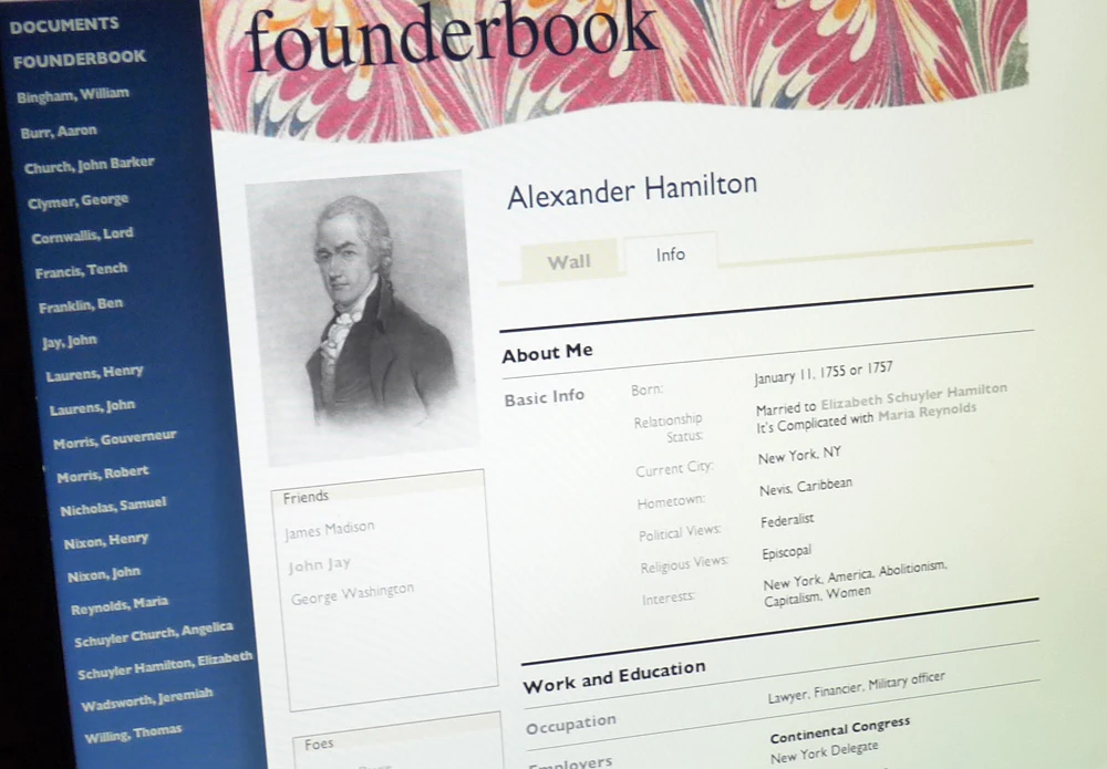 Touchscreen interactive display designed as an 18th century social network.