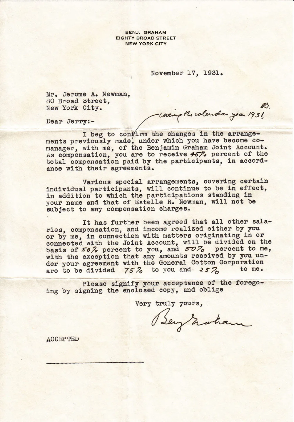 Letter from Benjamin Graham to Jerry Newman regarding the partners’ business dealings, 1931.