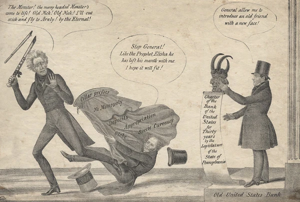 Political cartoon: A potential Third Bank of the United States provides Jackson and Van Buren an awful affright.