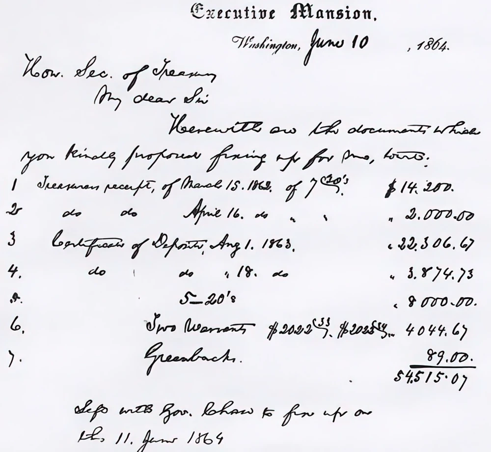 Memo from President Abraham Lincoln to Secretary of the Treasury Salmon P. Chase listing assets Lincoln wanted converted into bonds.