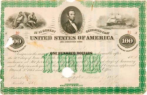 Bond issued to Abraham Lincoln featuring his portrait, 1864. Courtesy of the Bureau of the Public Debt.