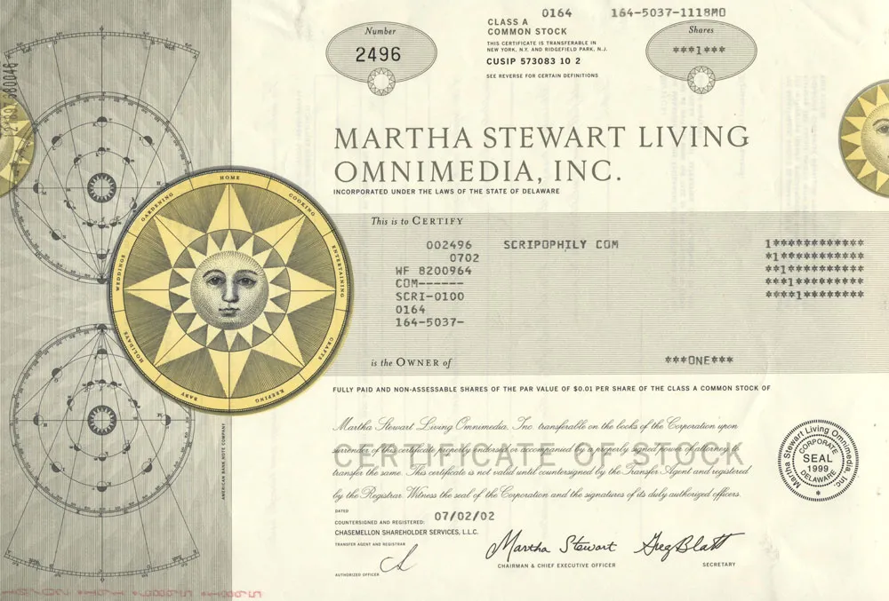 Stock certificate designed by Martha Stewart for her media and consumer product company, dated July 2, 2002.