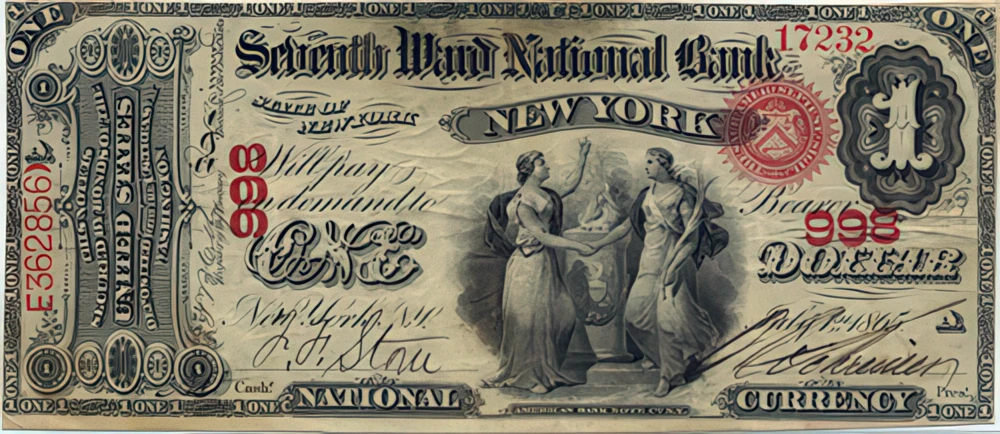 $1 Seventh Ward National Bank of New York bank note, 1865.
