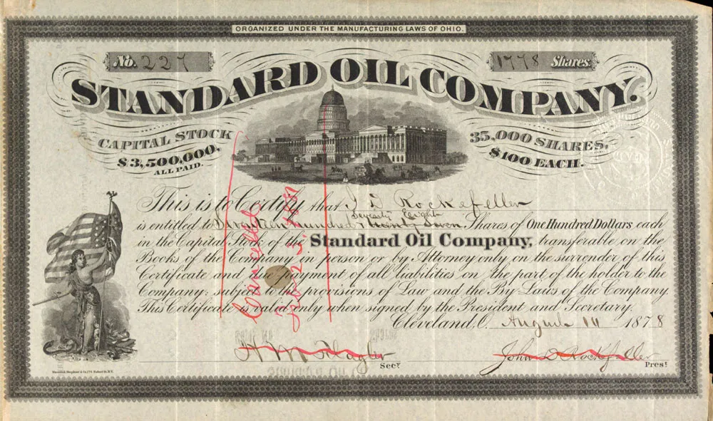 This certificate for 250 shares of stock in the Standard Oil Company is issued to William Rockefeller and signed by John D. Rockefeller (president) and Henry Flagler (Secretary).