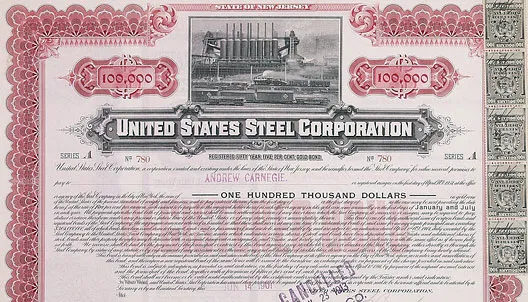 US Steel: $100,000 bond, part of the $20 million worth issued to Andrew Carnegie in 1901 when US Steel was formed as one of J.P. Morgan's outstanding corporate deals. This bond was paid, and then cancelled, by J.P. Morgan and Co. in 1913.