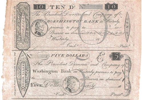Bank note from the Rhode Island Washington Bank featuring the possible first likeness of George Washington on currency, circa 1800.  Collection of John E. Herzog.