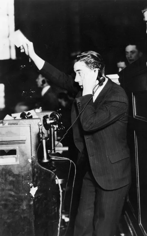 Broker at the Curb Exchange, which became the American Stock Exchange, during the Crash of 1929.