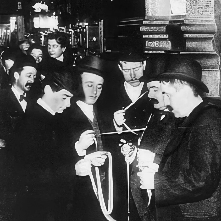 Brokers gathered around a stock ticker at the New York Stock Exchange, circa late 19th century.