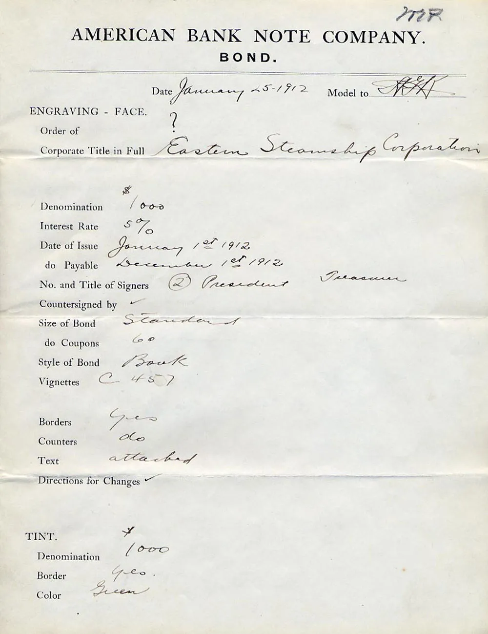 American Bank Note Company order form for Eastern Steamship Corporation bonds, dated January 25, 1912.