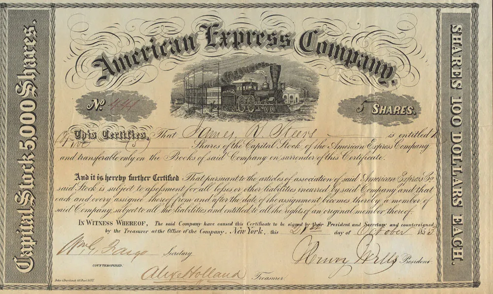 Certificate for five shares of stock in the American Express Company, dated October 21, 1853 and signed by Wells Fargo founders Henry Wells (president) and William Fargo (secretary).