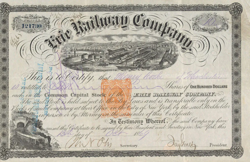 Certificate for 10 shares of stock in Jay Gould’s Erie Railway Company dated October 13, 1869 and signed by Gould as president.