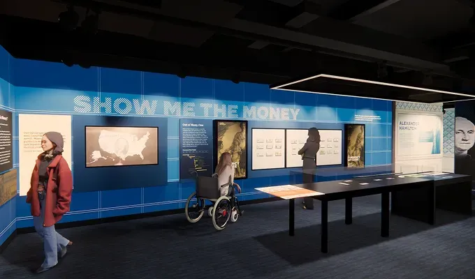 Rendering of the “America in Circulation” gallery at the Museum of American Finance.