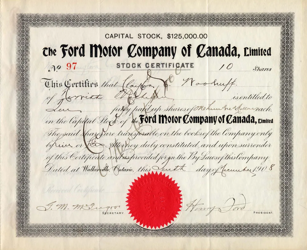Stock certificate for 10 shares in the Ford Motor Company of Canada, signed by Henry Ford as president in 1908.
