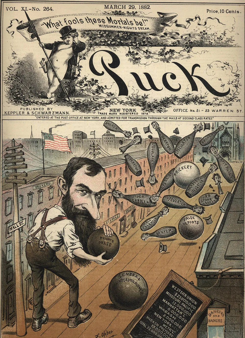 Cover of the March 29, 1882 edition of the satirical Puck magazine villainizing Robert Barron Jay Gould.