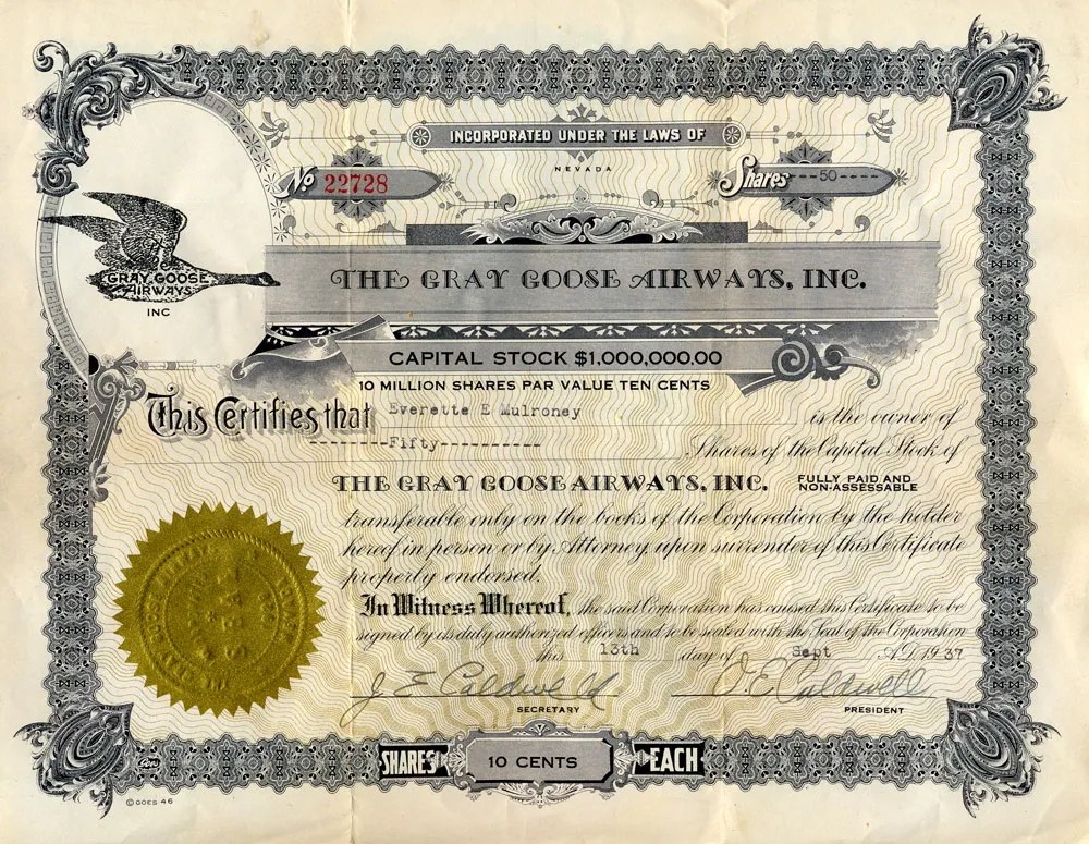Stock certificate for 50 shares in Gray Goose Airways, dated September 13, 1937.
