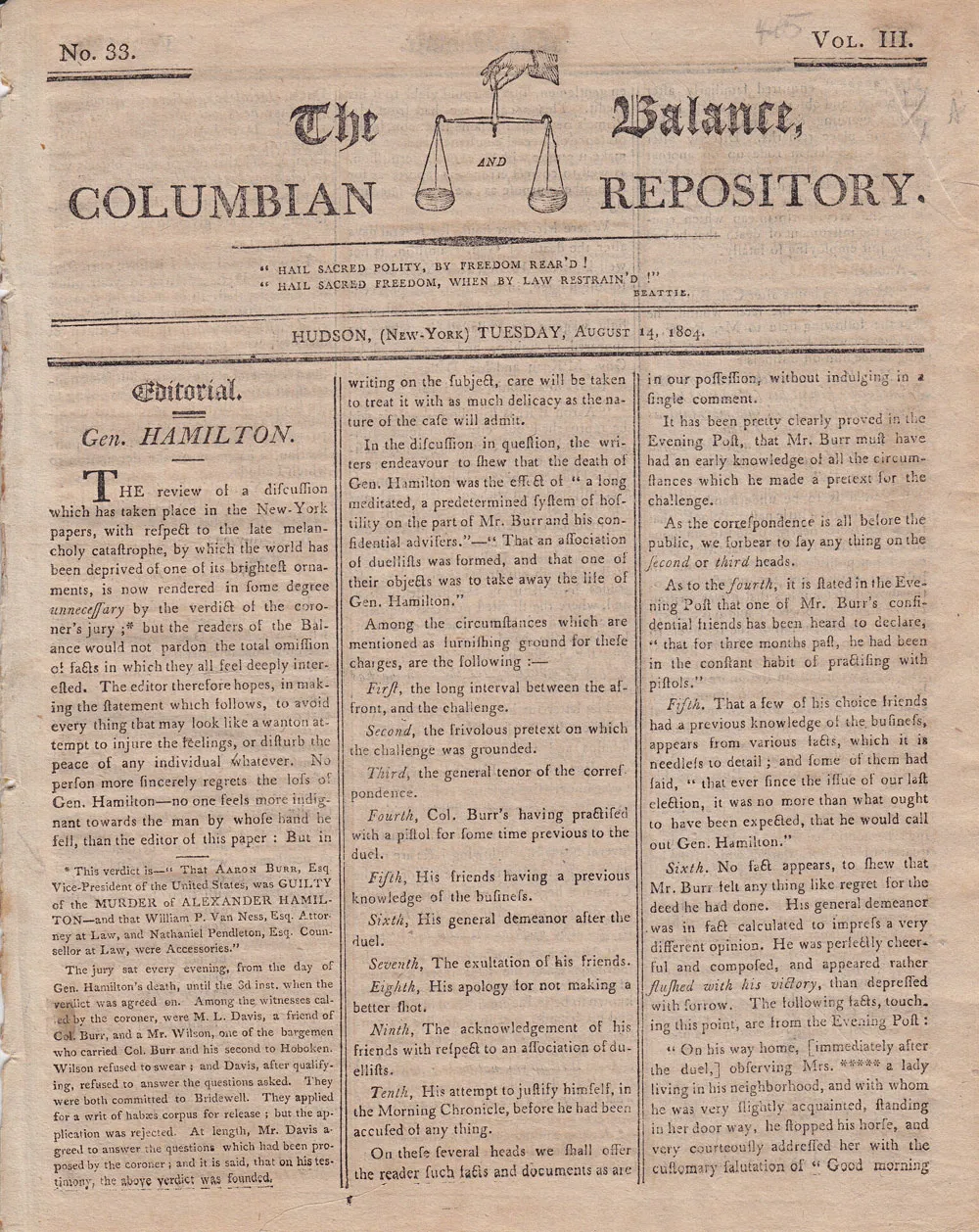 The Balance and Columbian Repository dated August 14, 1804, featuring an obituary for the nation’s first Secretary of the Treasury, Alexander Hamilton, who was killed in a duel with Vice President Aaron Burr.