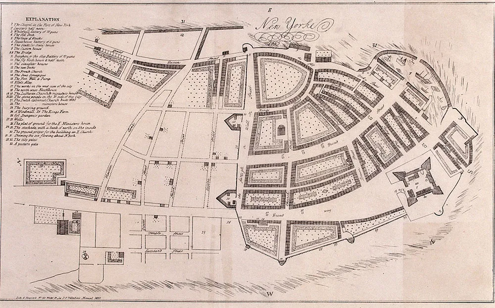 Map of 1695 New York, published in 1851, clearly depicting the Wall Street “wall.”
