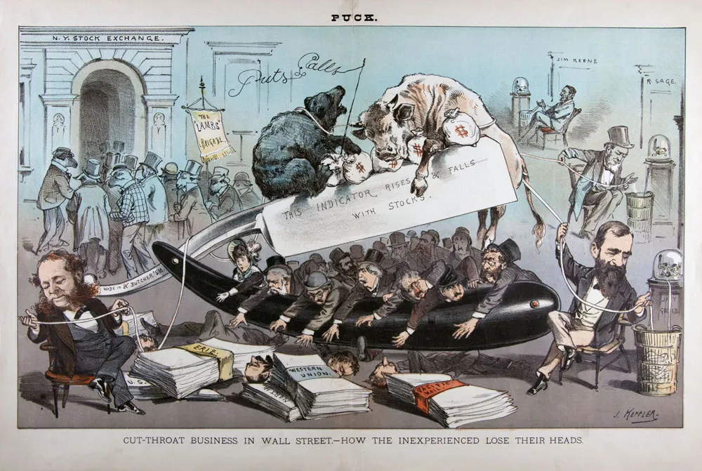 Satirical cartoon published in Puck magazine from the Robber Baron era entitled “Cut-throat business on Wall Street – How the Inexperienced Lose Their Heads.”