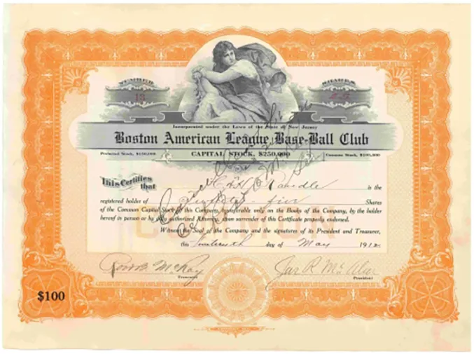 Boston American League Base-Ball Club (Boston Red Sox) stock certificate, 1912.