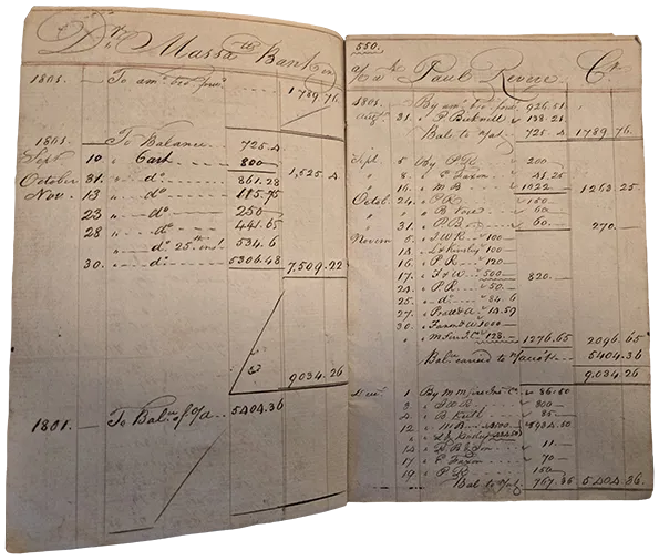 Paul Revere's bank book detailing his financial dealings at the Massachusetts Bank.