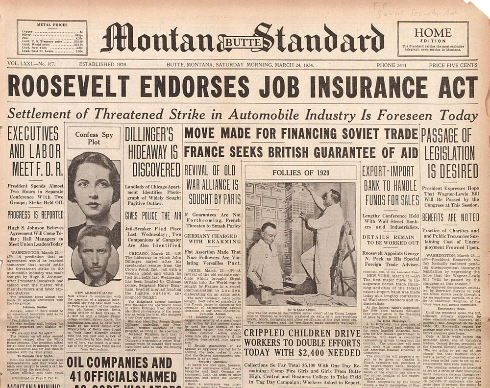 Depression-era edition of the Montana Standard featuring the headline “Roosevelt Endorses Job Insurance Act,” dated March 24, 1934.