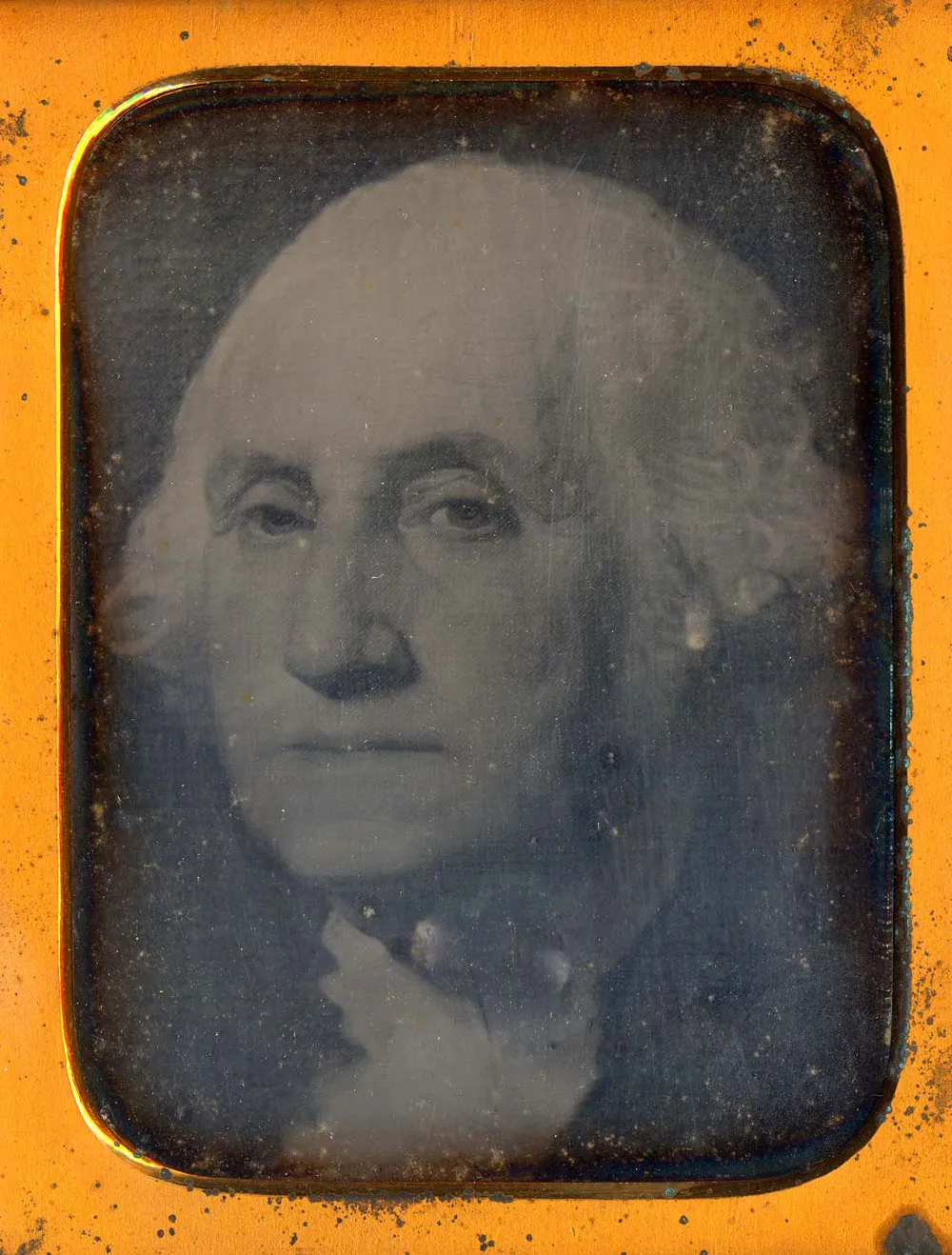 Daguerreotype of George Washington from the 1796 Gilbert Stuart portrait of Washington, which was attributed to Josiah Hawes of the photographic firm Southworth and Hawes. Notably, this was the portrait upon which the image on the dollar bill was based.
