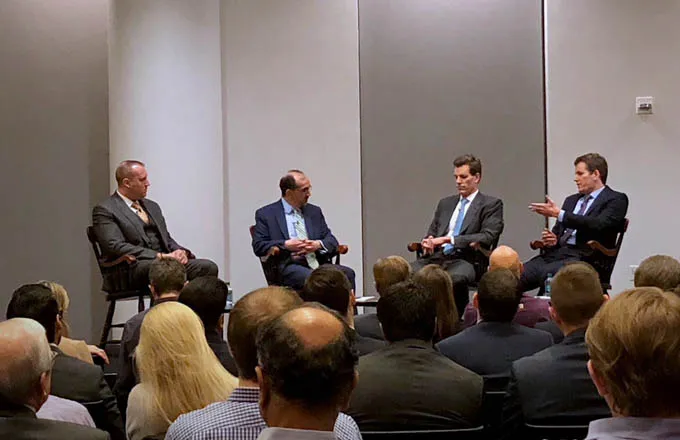 Josh Brown, Paul Vigna, Cameron and Tyler Winklevoss. Photo: Alex Kerr