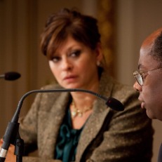 CNBC's Maria Bartiromo interviews TIAA-CREF President and CEO Roger Ferguson. Photo courtesy of Valerie Caviness.